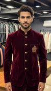 Luxury maroon velvet jodhpuri suit for wedding wear