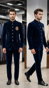 Mens Designer Wedding Attire: Navy Blue Velvet Jodhpuri Suit