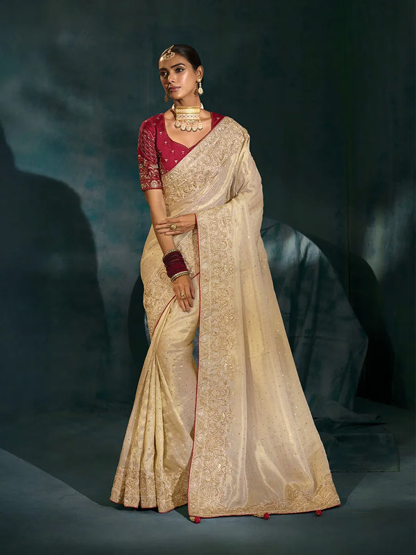 Maroon Contrast Blouse with Cream Pure Ziraf Silk Traditional Saree