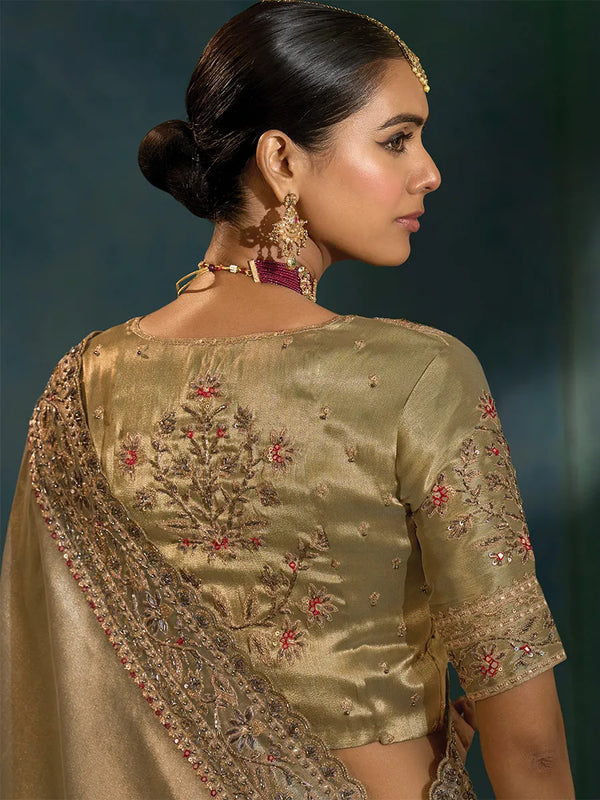 Choli Back View Grey Ziraf Silk Saree with Heavy Border Work for Zurich Reception