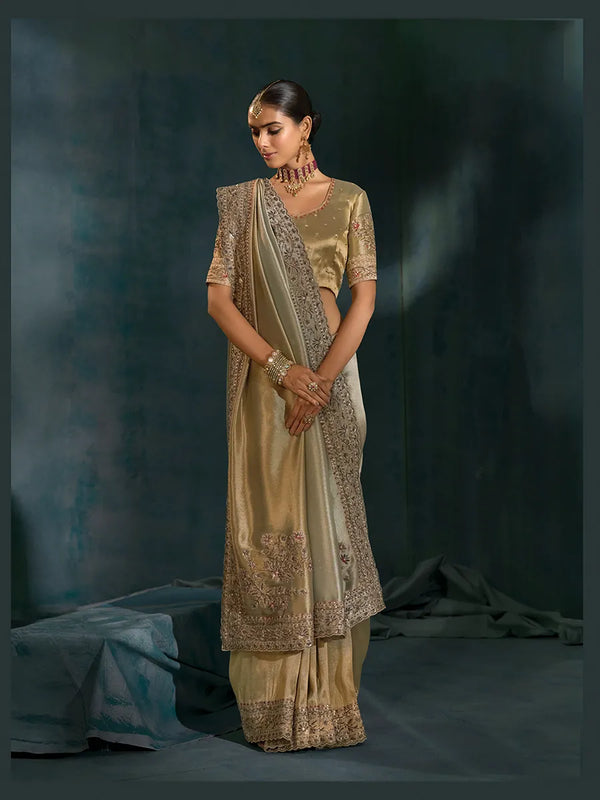 Luxury Grey Designer Saree with Cutdana Moti Embroidery for a Paris Wedding