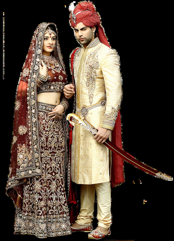 Premium NRI Wedding Collection With Maroon Bridal Lehenga And Ivory Cream Sherwani Set in Dallas