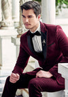 Imported Polyester Blend Maroon Suit with Black Lapel