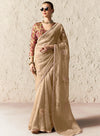 Designer beige embroidered organza saree with sequins work for Malaysia reception look