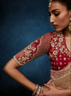 Beige Fancy Fabric Designer Saree highlighting exquisite Khatli work on the front blouse for weddings | BharatPlaza