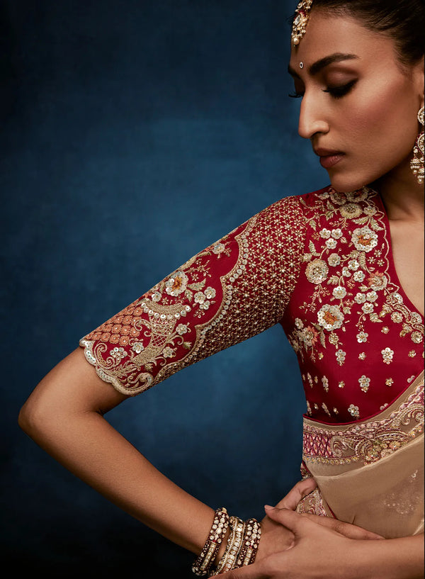 Beige Fancy Fabric Designer Saree highlighting exquisite Khatli work on the front blouse for weddings | BharatPlaza