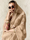 Elegant beige organza designer saree with embroidery for Singapore cocktail party