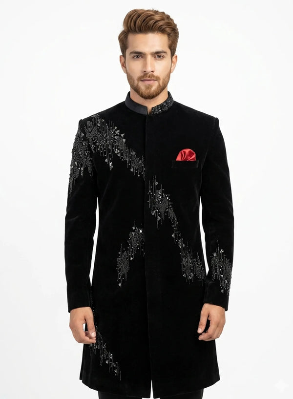 Black Flock Velvet luxury Indo Western with premium cutdana hand embroidery for HNI wedding celebrations by BharatPlaza