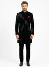 Designer Black Velvet Indo Western for groom reception featuring bespoke hand embellishments and luxury tailoring by BharatPlaza