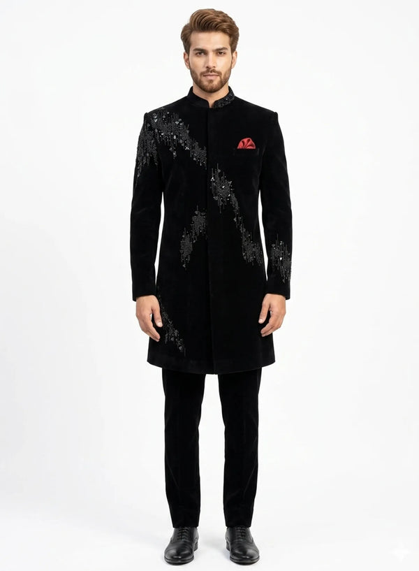 Designer Black Velvet Indo Western for groom reception featuring bespoke hand embellishments and luxury tailoring by BharatPlaza