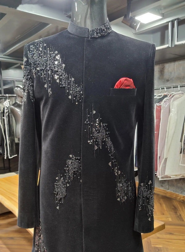 Premium Black Indo Western coat with handcrafted cutdana work for NRI wedding reception and cocktail events by BharatPlaza