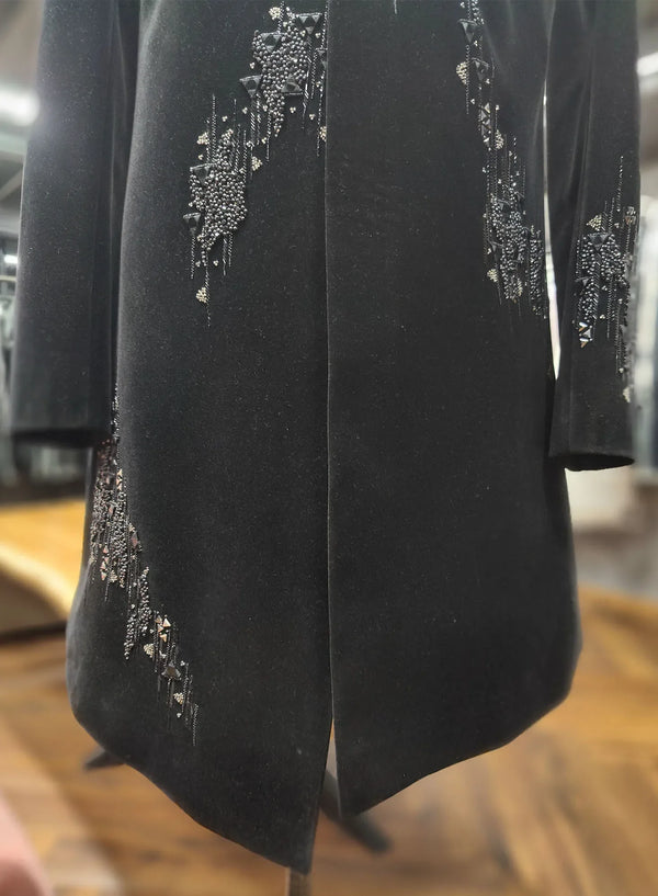 Luxury bespoke Black Velvet Indo Western showcasing intricate hand embroidery for elite gentlemen wedding wear by BharatPlaza