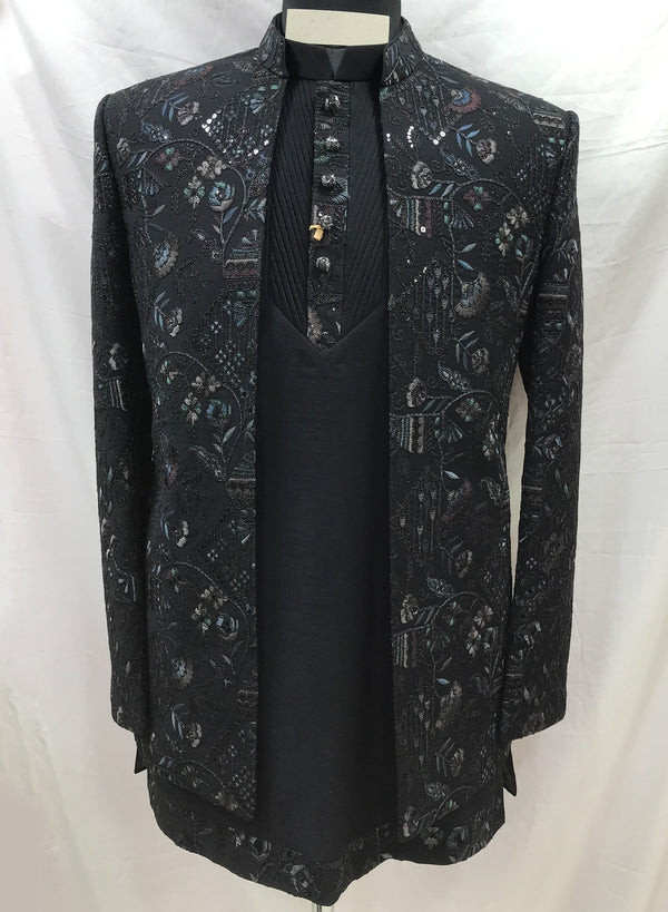 Rich black embroidered Jacket Jodhpuri for groom and fathers at grand Dubai destination weddings