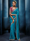 Sky Blue Fancy Fabric Designer Saree showcasing an elegant handwork border for luxury wedding wear | BharatPlaza