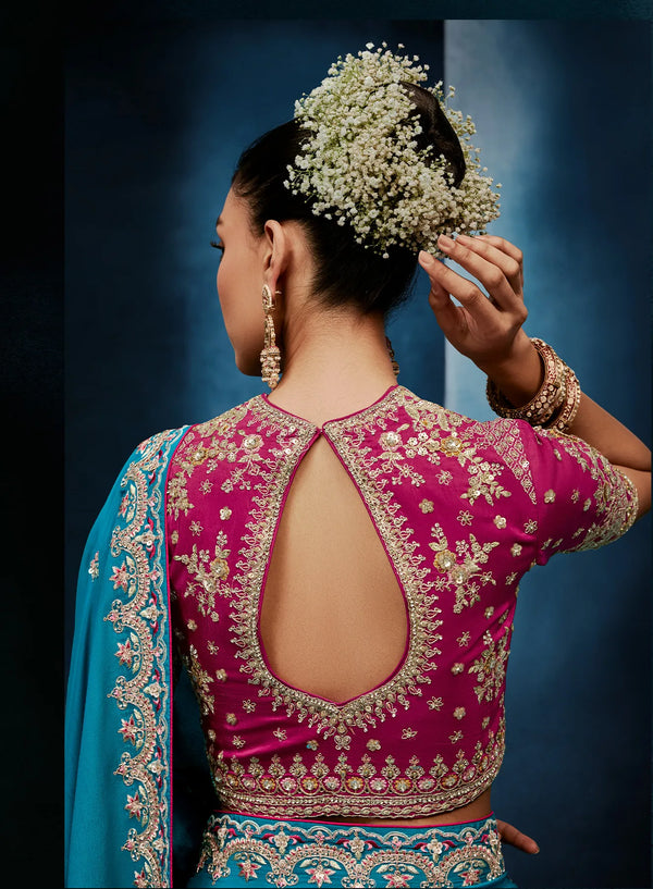 Sky Blue Fancy Fabric Designer Saree highlighting exquisite back blouse embroidery for luxury weddings | BharatPlaza