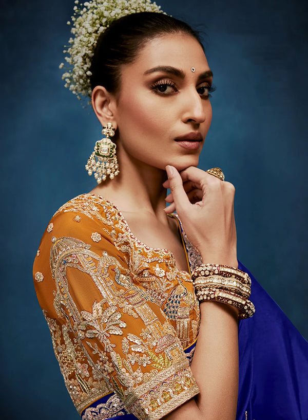 Royal Blue Fancy Fabric Designer Saree highlighting exquisite embroidery details for luxury wedding wear | BharatPlaza