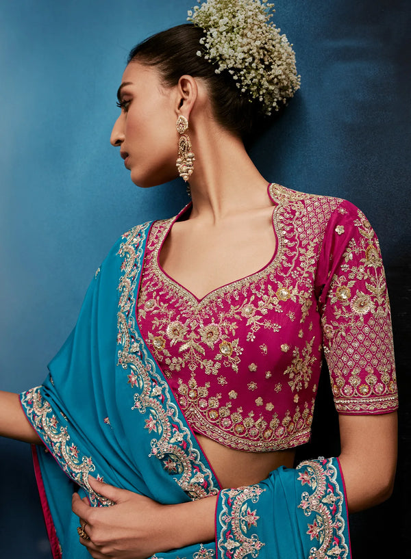 Sky Blue Fancy Fabric Designer Saree displaying stunning Khatli work for luxury bridesmaid wear | BharatPlaza