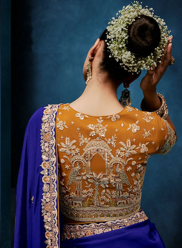 Royal Blue Fancy Fabric Designer Saree displaying stunning back blouse embroidery for luxury bridesmaid wear | BharatPlaza