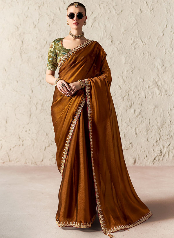 Designer Brown Tissue Organza Saree with Embroidery and Zardosi