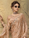 Champagne peach velvet satin saree with embellished pallu and scalloped border for a wedding in Auckland