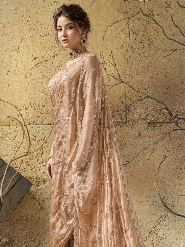 Champagne peach velvet satin designer saree with floral trails and zari work for an elegant reception in Paris