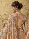 Champagne peach saree with scalloped embellished border and heavy designer blouse for luxury weddings in Oslo