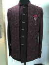 A modern deep wine open-jacket Jodhpuri with tonal embroidery and matching slim-fit trousers