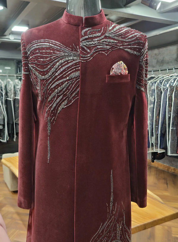 Handcrafted Crystal Embroidered Wine Indo Western for Men Chicago Reception | BharatPlaza