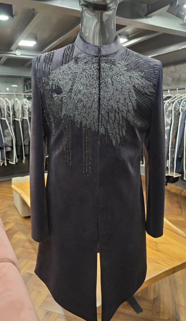 Luxury Black Cotton Velvet Indo-Western for Reception in New York, USA | BharatPlaza