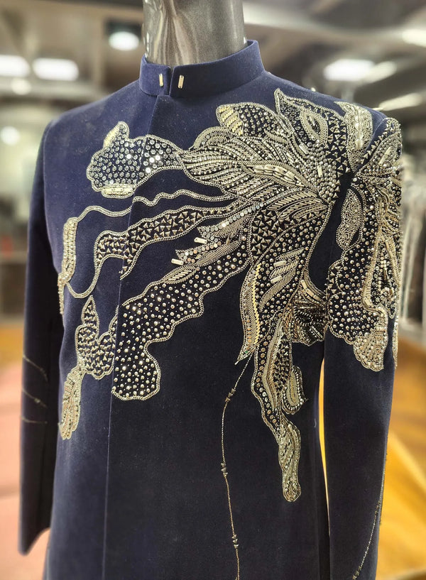 Handcrafted Crystal & Cutdana Embroidered Navy Velvet Groom Indo Western in Chicago