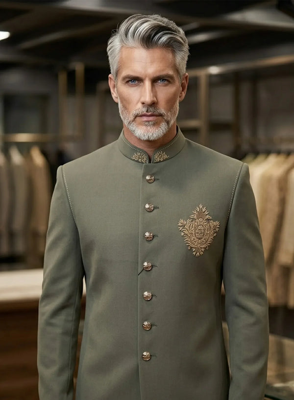 Sage Green Premium Suede Indo Western for Father Wedding Wear in New York