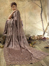 Dusty mauve embellished saree with shimmering drape and scalloped border for an elegant London reception