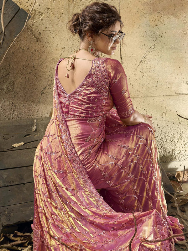 Fuchsia Pink Gold-Tone Velvet Satin Wedding Saree
