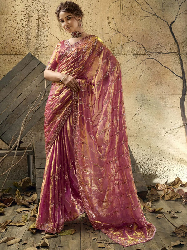 Fuchsia Pink Gold-Tone Velvet Satin Wedding Saree
