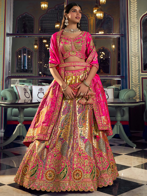 Fuchsia Pink & Antique Gold Banarasi Silk Royal Lehenga