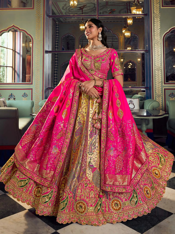 Fuchsia Pink & Antique Gold Banarasi Silk Royal Lehenga
