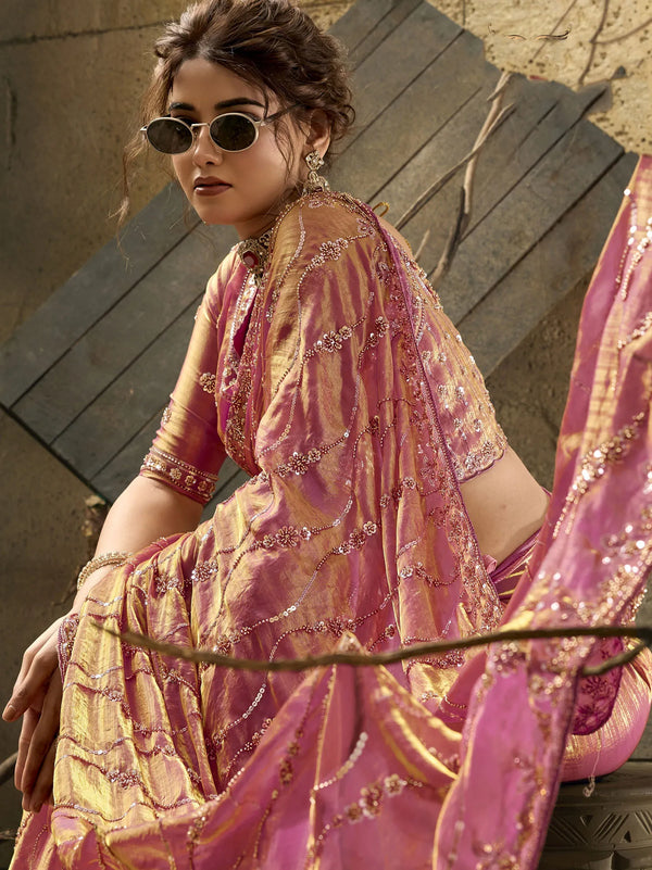 Fuchsia Pink Gold-Tone Velvet Satin Wedding Saree