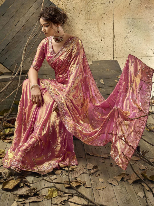 Fuchsia Pink Gold-Tone Velvet Satin Wedding Saree