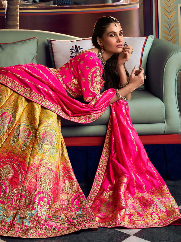 Fuchsia Pink & Mustard Banarasi Silk Royal Lehenga Choli