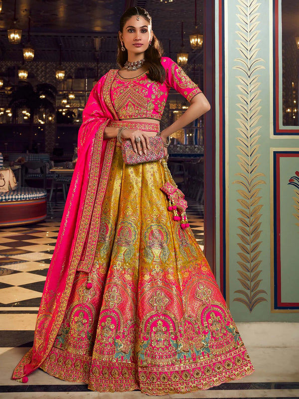 Fuchsia Pink & Mustard Banarasi Silk Royal Lehenga Choli