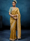Gold Fancy Fabric Designer Saree showcasing an elegant handwork border for luxury wedding wear | BharatPlaza