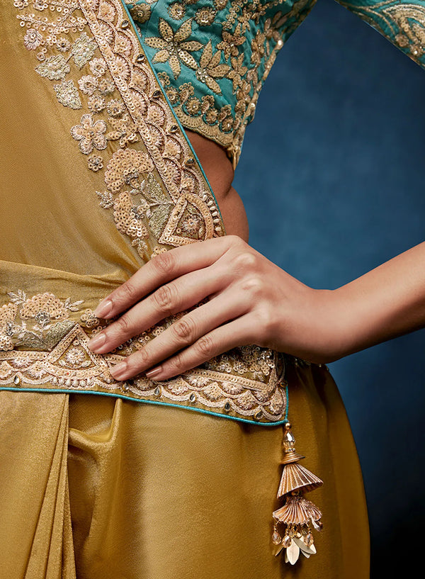 Gold Fancy Fabric Designer Saree highlighting exquisite embroidery details for luxury wedding wear | BharatPlaza
