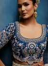 Silver Grey Fancy Fabric Designer Saree featuring a heavy blue stitched blouse sleeve detail for festive wear | BharatPlaza