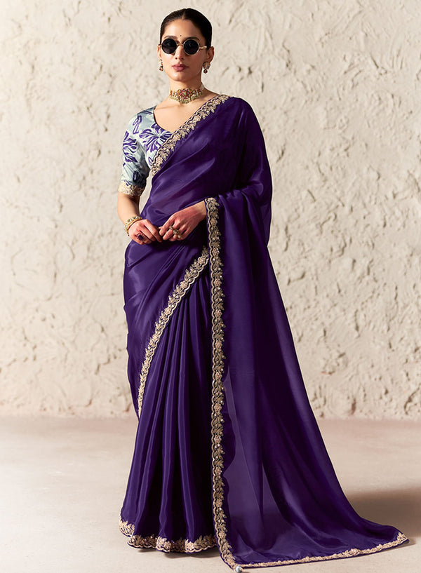 Royal Purple Embroidered Organza Saree in Malaysia