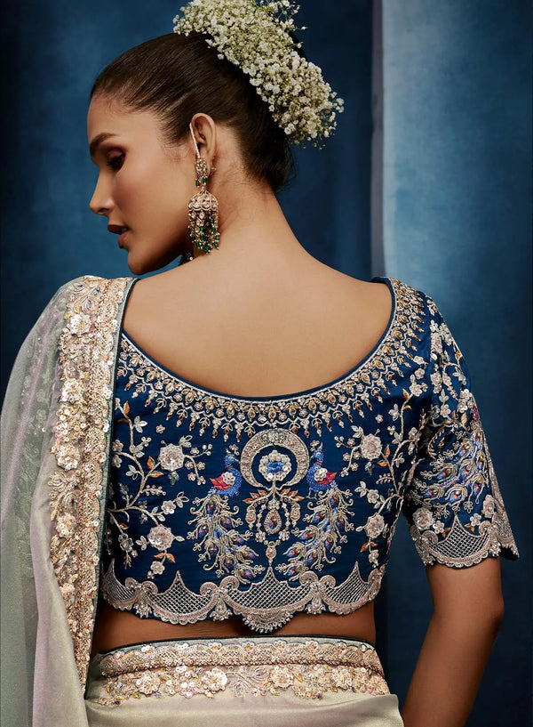 Silver Grey Fancy Fabric Designer Saree highlighting exquisite front blouse embroidery for luxury weddings | BharatPlaza
