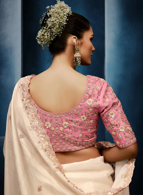 Ivory Fancy Fabric Designer Saree highlighting exquisite full drape for luxury reception and wedding wear | BharatPlaza
