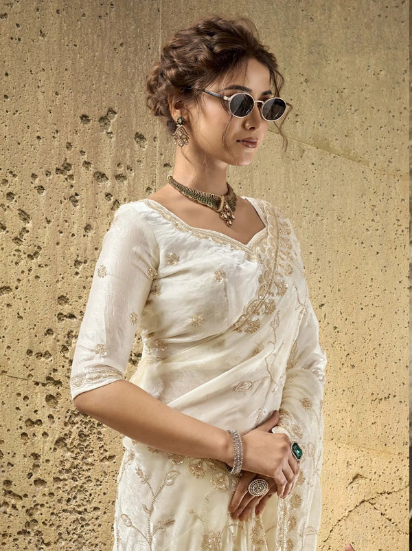 Ivory Velvet Satin Pearl Zari Work Designer Saree