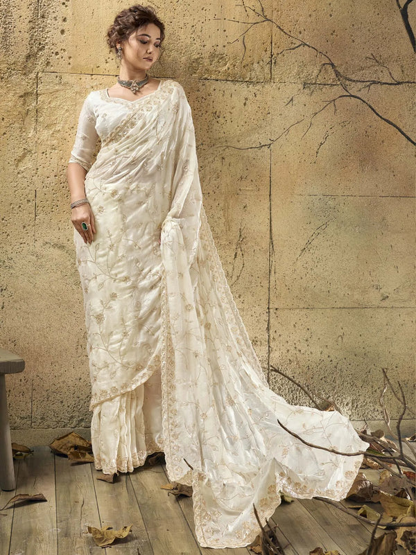 Ivory Velvet Satin Pearl Zari Work Designer Saree