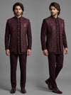 Luxury wine Jacket Jodhpuri Suit in two stylish poses for receptions and NRI weddings