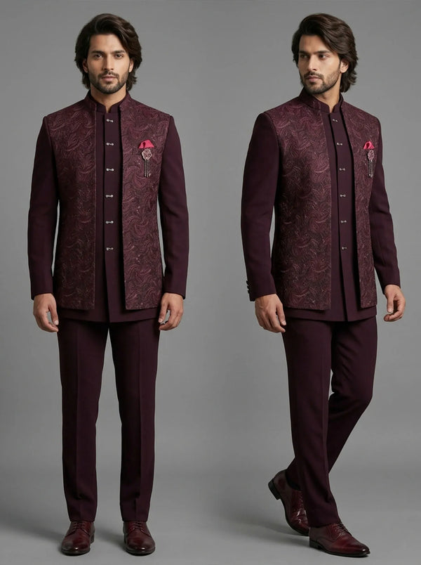 Luxury wine Jacket Jodhpuri Suit in two stylish poses for receptions and NRI weddings